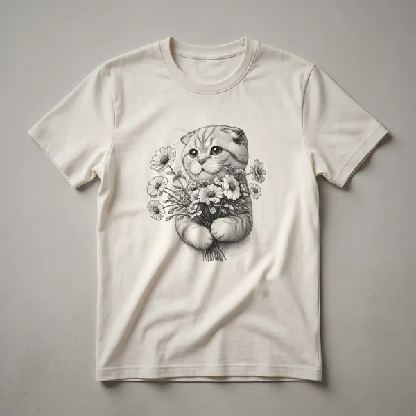 White t-shirt with a graphic of a Scottish Fold cat's face surrounded by colorful flowers and greenery, with the words 'Floral Scottish Fold Cat Flower Memorial Design For Her' below.