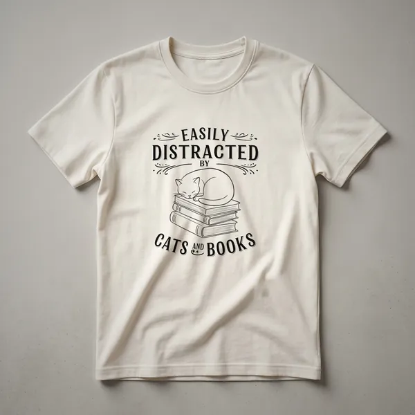 White graphic t-shirt featuring a stylized illustration of a cat's face next to an open book with the text 'Easily Distracted By Cats And Books'.