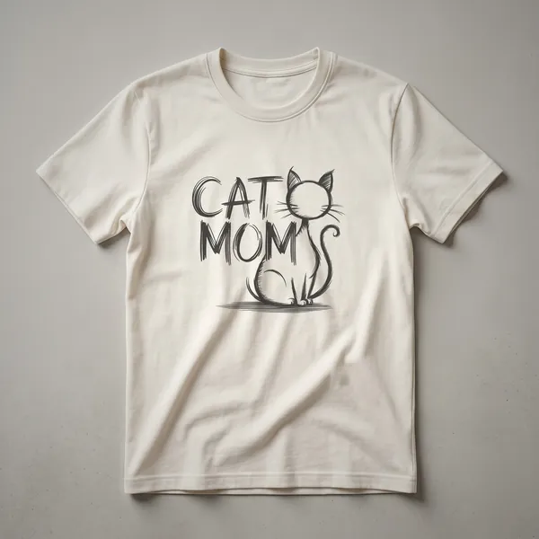 Black graphic t-shirt with a white stylized cat face and the words 'Cat Mom' printed in white.