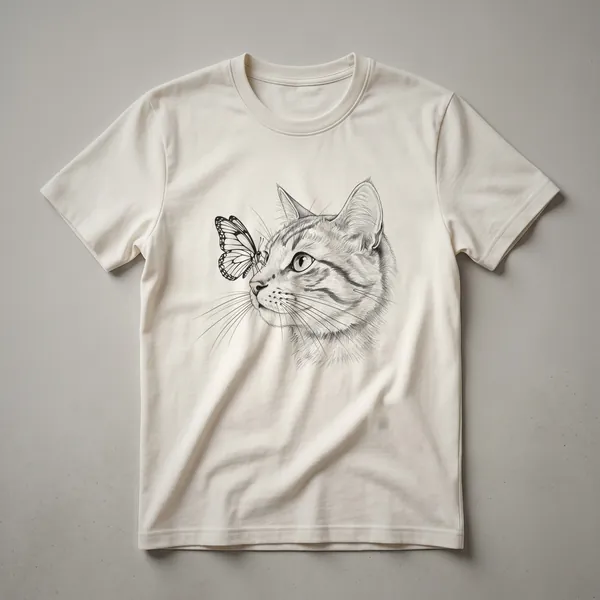 Black cat with a butterfly on its head, depicted in a sketch art style on a white t-shirt.