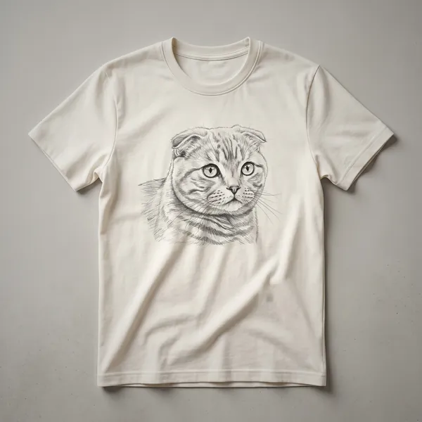 Black and white sketch of a Scottish Fold cat's face on a white t-shirt, showcasing its distinctive folded ears and gentle expression.