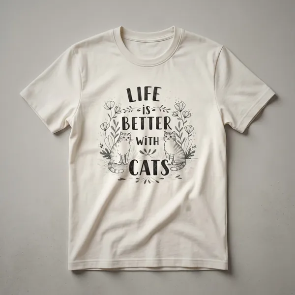 White graphic t-shirt featuring a stylized cat face with floral accents and the text 'Life Is Better With Cats' in black.