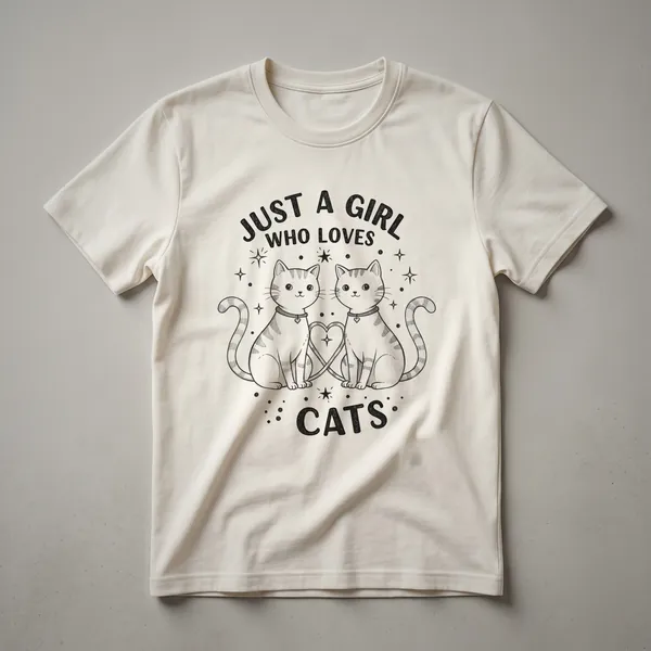 White graphic t-shirt with a black and white illustration of a cat's face surrounded by colorful floral elements, with text that reads 'Just A Girl Who Loves Cats'.