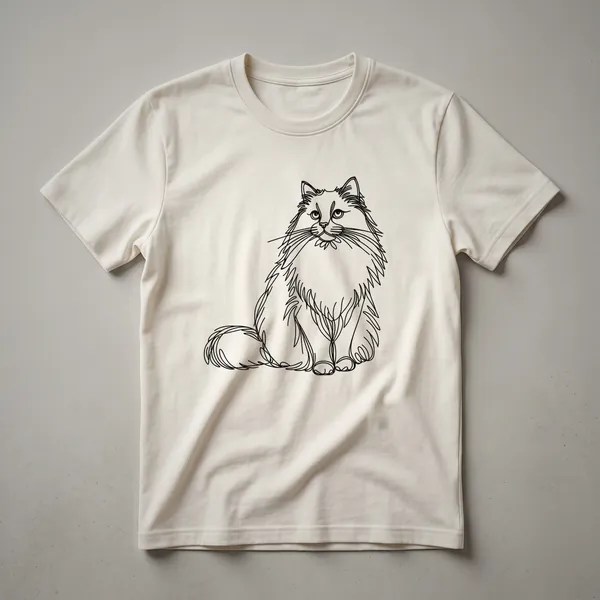 A black t-shirt featuring a minimalist line art design of a Birman cat's face in white.