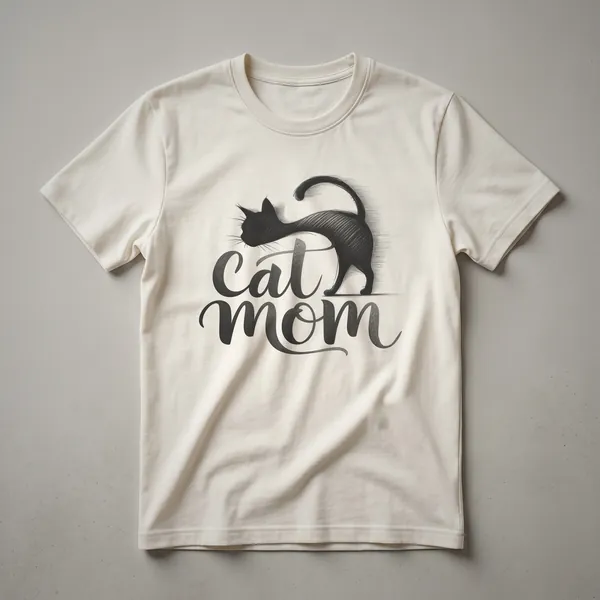 A white graphic t-shirt featuring a black and pink stylized cat face with whiskers and the words 'Cat Mom' in pink lettering.