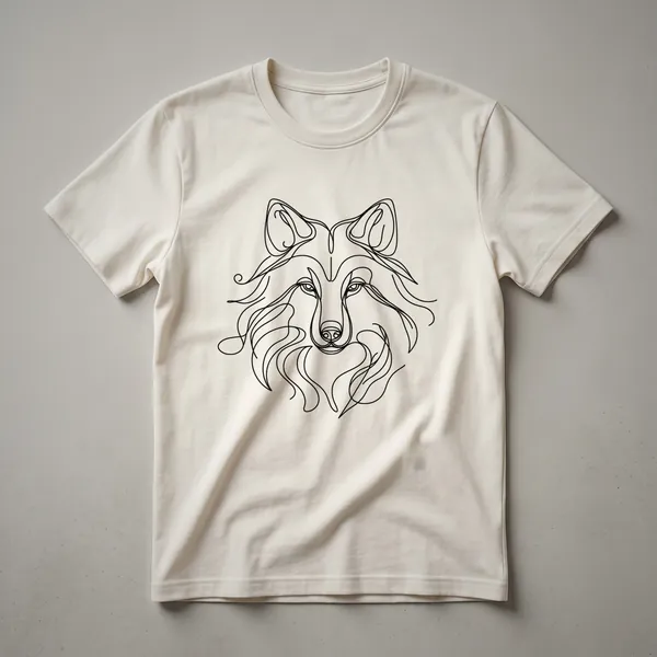 A black and white minimalist line art graphic of a wolf's head is printed on a heather grey t-shirt.