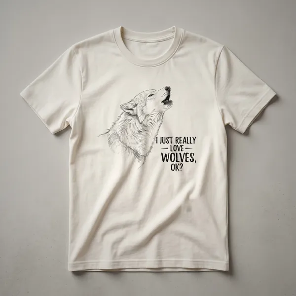 White graphic t-shirt featuring a stylized wolf head illustration with the text "I Just Really Like Wolves, Ok?" below it.