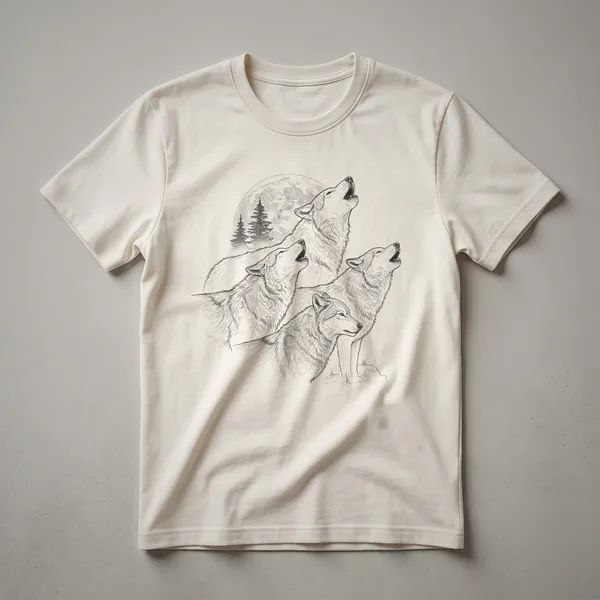 Black graphic t-shirt featuring a wolf pack howling at a large, detailed full moon against a dark background.