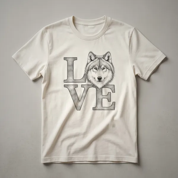 Black graphic t-shirt with a distressed vintage design of a stylized wolf head with a heart shape integrated into its face.