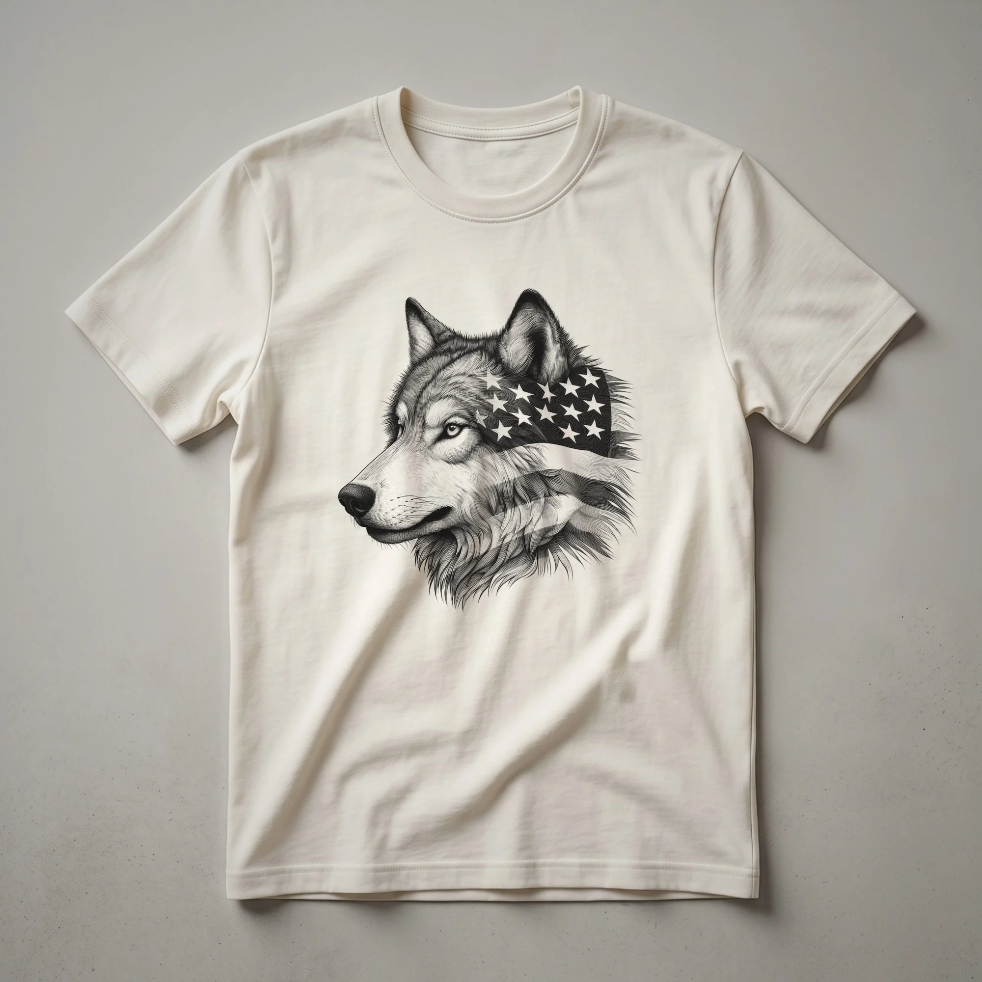 A graphic t-shirt in heather grey featuring a wolf's head with a distressed American flag design, symbolizing patriotism and wildlife.