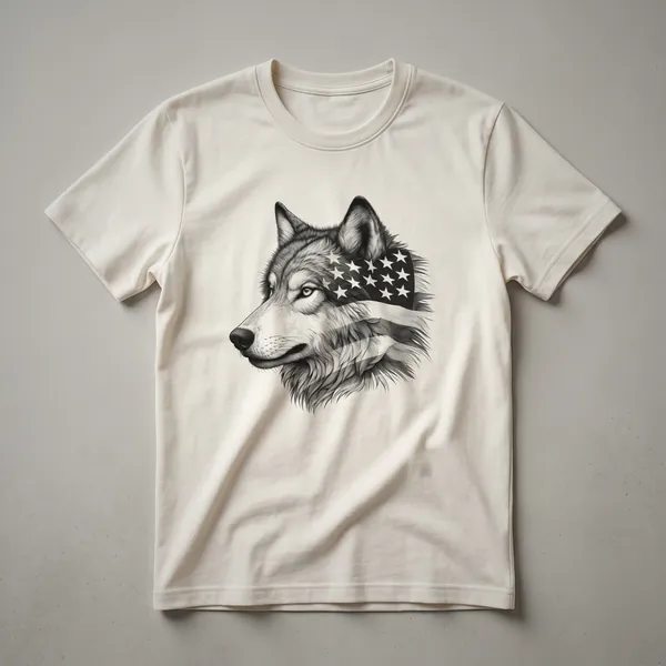 A graphic t-shirt in heather grey featuring a wolf's head with a distressed American flag design, symbolizing patriotism and wildlife.