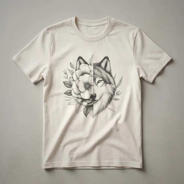 A graphic t-shirt design featuring a wolf's head formed by colorful flowers and green leaves, presented on a white background.