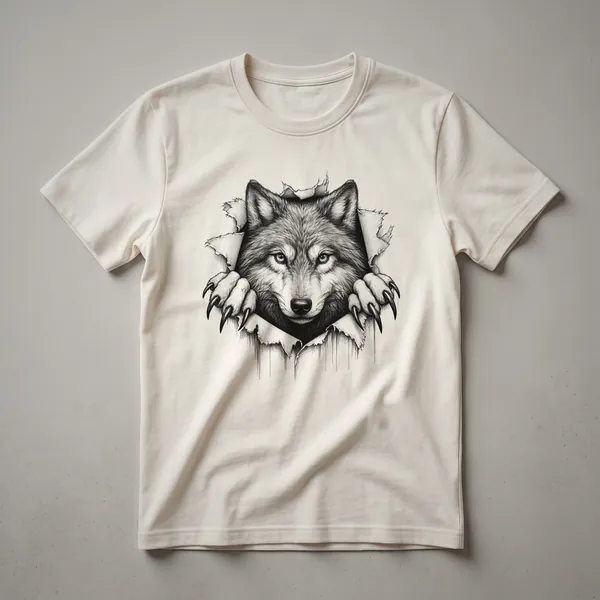 Black graphic t-shirt featuring a wolf's head peeking from the side with visible claws, set against a plain background.