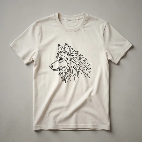 Black t-shirt with a minimalist white line art drawing of a wolf's face, featuring its ears, snout, and piercing eyes.