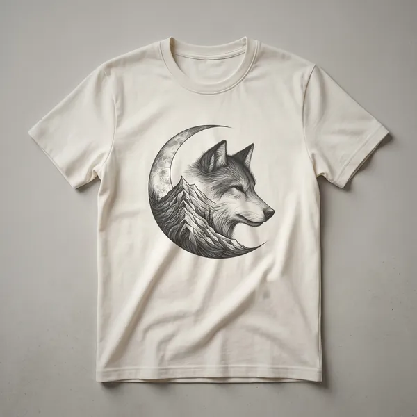 A black graphic t-shirt featuring a stylized wolf head in profile, a mountain range silhouette, and a crescent moon.