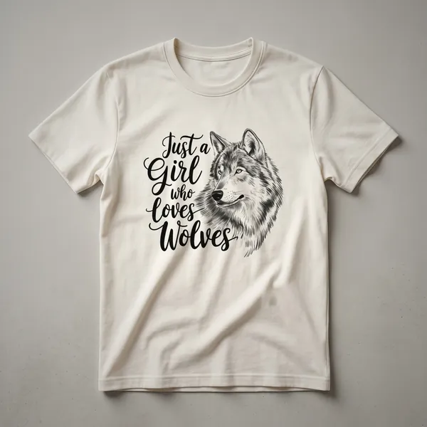 A white graphic t-shirt featuring a distressed, vintage-style illustration of a wolf's head in shades of grey and black.
