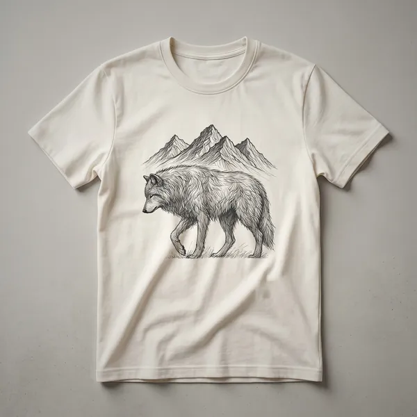 A vintage-style graphic t-shirt featuring a wolf howling at a full moon with a mountain range silhouette in the background, presented on a heather grey shirt.