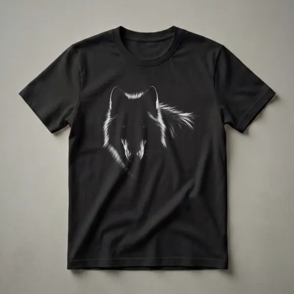 Black and white graphic t-shirt featuring a close-up portrait of a wolf's face with detailed fur and piercing eyes against a solid black background.