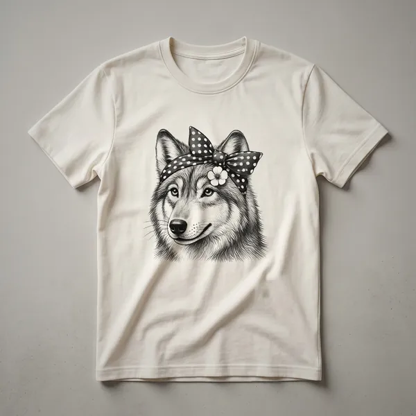 A black t-shirt with a graphic design of a wolf's head wearing a floral crown, representing the 'Wolf Mom' theme.