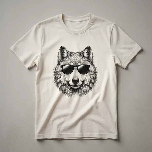 A black t-shirt with a graphic design of a wolf wearing sunglasses, looking cool and adventurous.