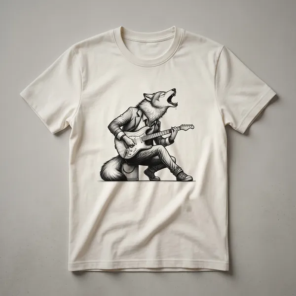 Black t-shirt with a graphic of a stylized wolf howling and playing an electric guitar in a bold, graphic art style.