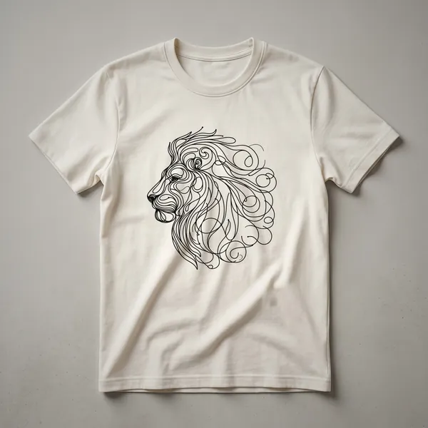 A black minimalist line art graphic of a lion's head with a detailed mane, displayed on a white t-shirt.