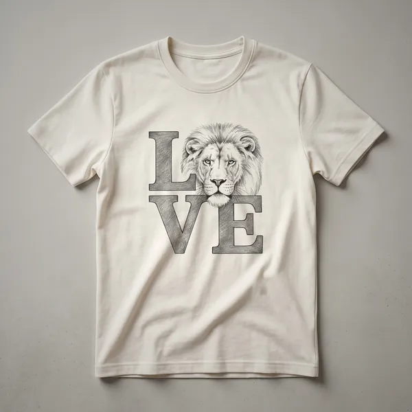 Black t-shirt featuring a watercolor-style graphic of a lion's head with a flowing mane, depicted in shades of orange, brown, and black.