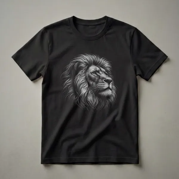 Black t-shirt with a detailed white scratchboard illustration of a lion's head facing right, showcasing its mane and facial features.