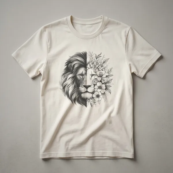 A white graphic t-shirt with a black print of a lion's head formed from colorful flowers and leaves.