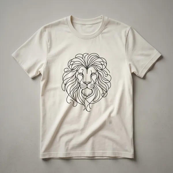 Black minimalist line art graphic of a lion's face on a white t-shirt, showcasing bold strokes and a regal expression.