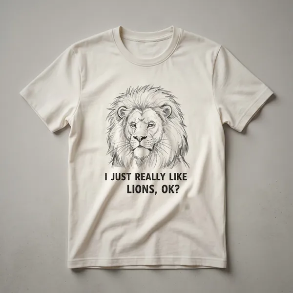 Black graphic t-shirt with a distressed lion head design, featuring the text 'I Just Really Like Lions, Ok?'.