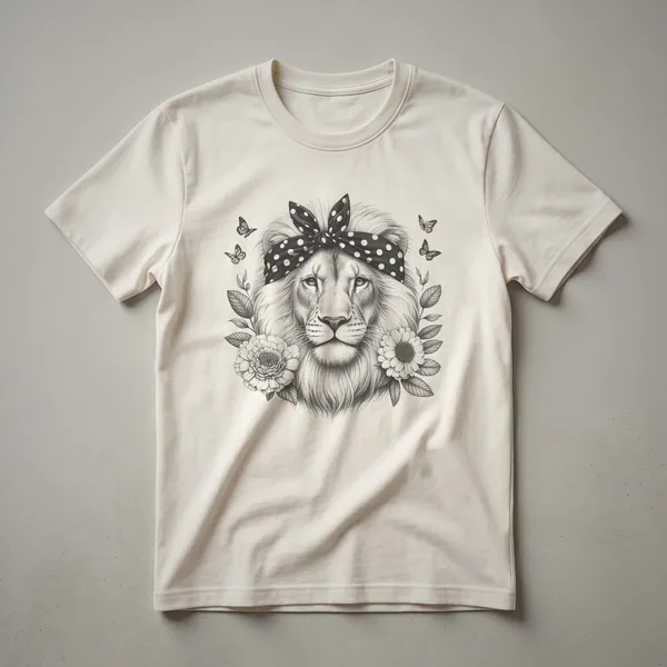 A black graphic t-shirt with a stylized lion head design in white and grey, featuring a detailed mane.