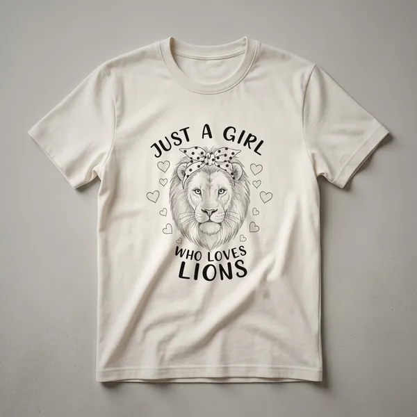 White graphic t-shirt with a stylized lion head design featuring a mane and the text 'Just A Girl Who Loves Lions'.
