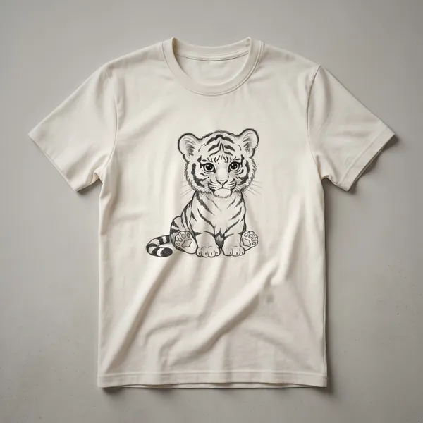 A white t-shirt featuring a graphic of a cute baby tiger cub with orange and black stripes, looking forward.