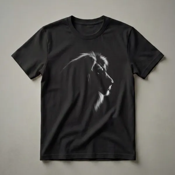 Black and white graphic t-shirt featuring a detailed profile of a lion's head with a prominent mane against a solid black background.