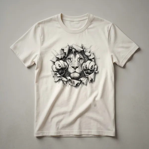 White graphic t-shirt featuring a lion's face peeking over a black paw print design.