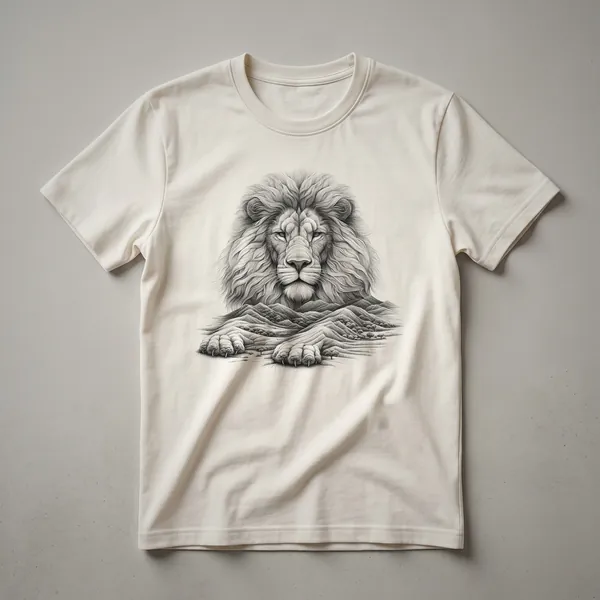 Black t-shirt with a graphic of a lion's head, its mane depicted as a vibrant orange and yellow sunset.