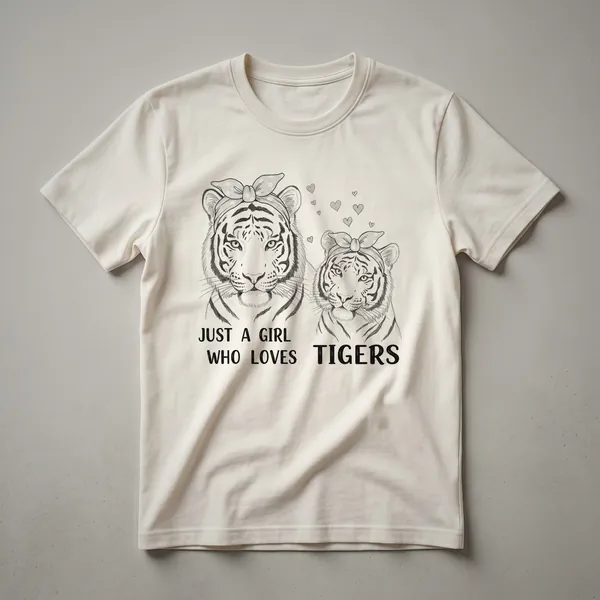 White graphic t-shirt featuring a stylized tiger head illustration with floral accents in black and orange.