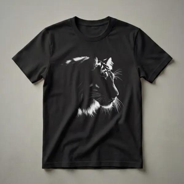 Black and white graphic t-shirt featuring the profile of a tiger's face with detailed fur and whiskers against a black background.