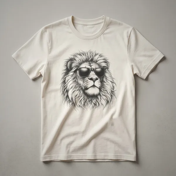 A graphic t-shirt featuring a stylized lion wearing dark sunglasses, presented on a black garment.