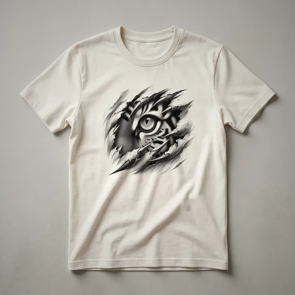 Black t-shirt with a graphic design of a tiger's eye peering through claw marks.