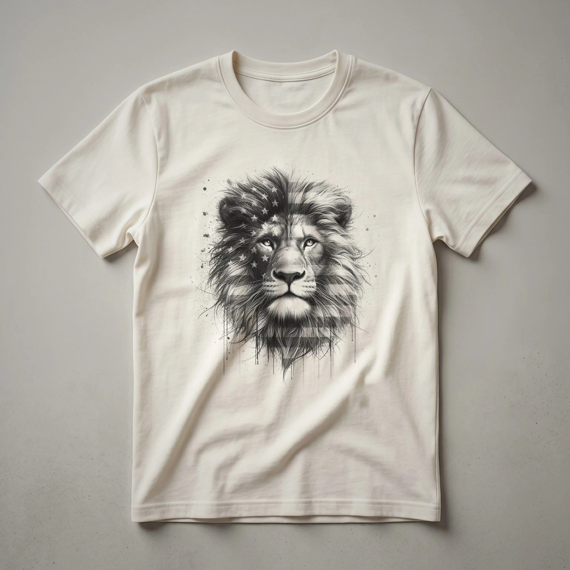 A black t-shirt with a graphic design of a lion's head superimposed over a distressed American flag, featuring red, white, and blue colors.
