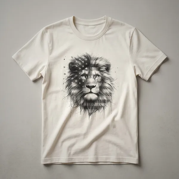 A black t-shirt with a graphic design of a lion's head superimposed over a distressed American flag, featuring red, white, and blue colors.