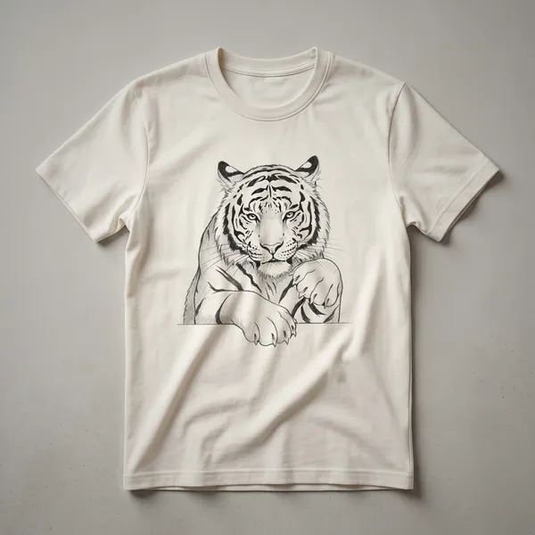 A graphic t-shirt with a stylized tiger face design, featuring bold orange and black stripes against a dark background.