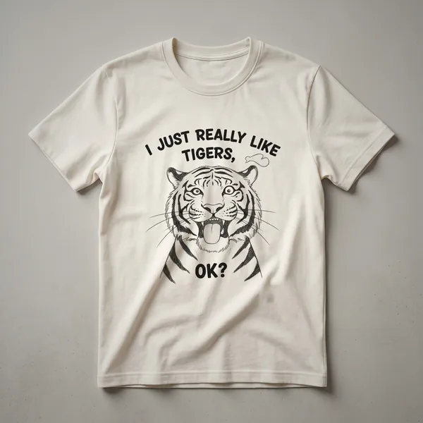 White graphic t-shirt featuring a stylized tiger face with black stripes and the text 'I Just Really Like Tigers, Ok?' in black.