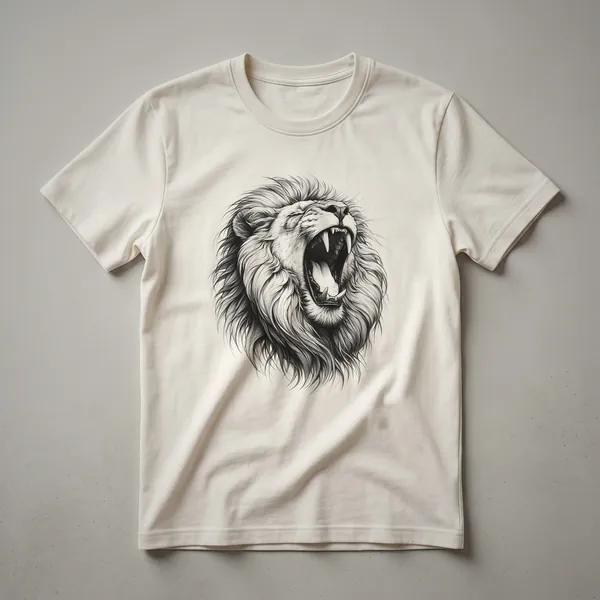 A vintage-style graphic t-shirt featuring the head of a roaring lion with a distressed texture, set against a plain background.