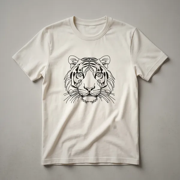 A black t-shirt featuring a minimalist line art design of a tiger's face in white.