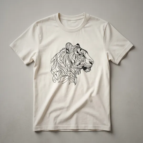 Black line art tiger head graphic on a white t-shirt, showcasing minimalist design details.