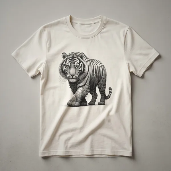 A black t-shirt featuring a graphic design of a tiger walking through a dense green forest with detailed leaves and trees.