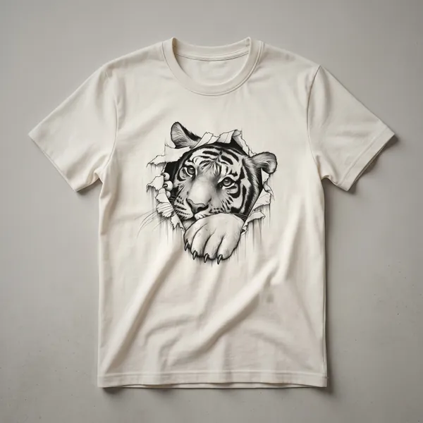 Black t-shirt with a graphic design of a tiger's face peeking over a large paw print.